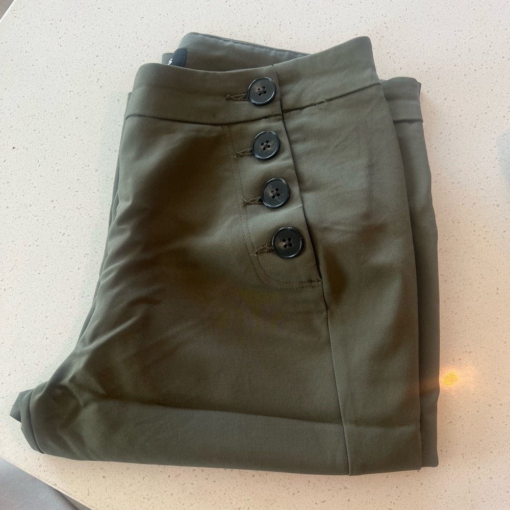 Express Olive Green side button columnist me d rise boot cut pants